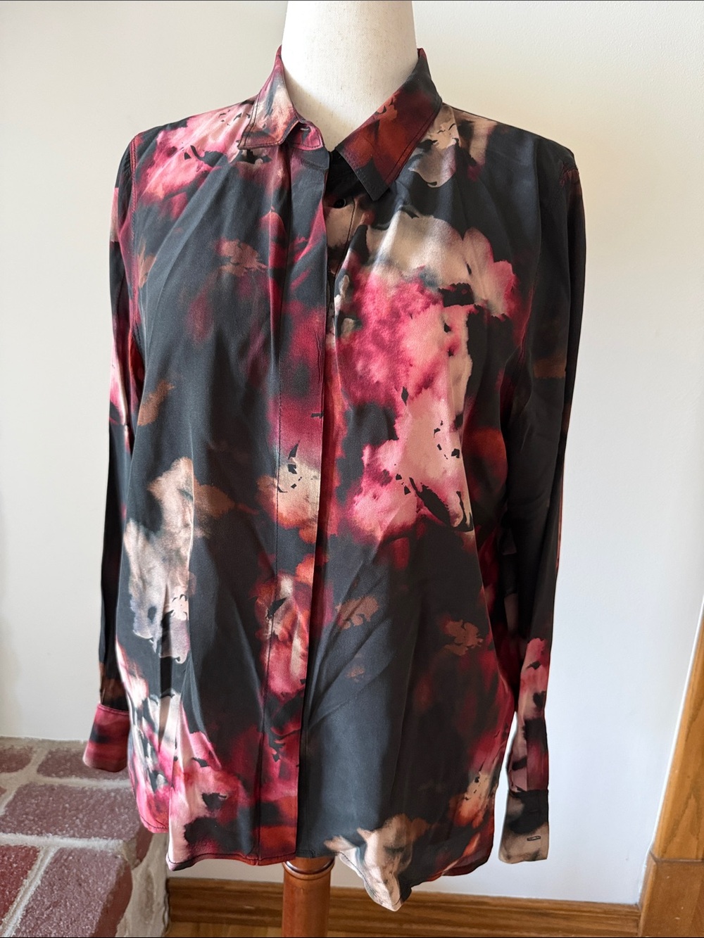 100% Silk Button-Down Shirt with Watercolor Abstract Floral Print